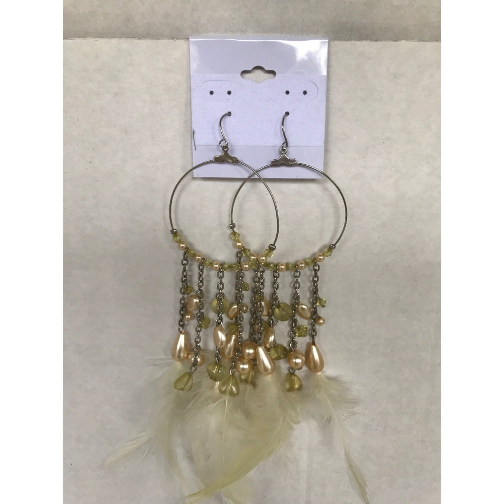 Pierced Earrings‎ Faux Pearl beads Chandelier Dangle Drop Delicate feathers 6"